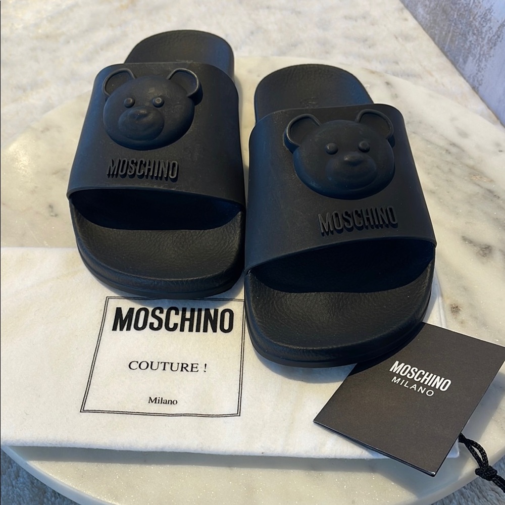 Moschino Couture Black Bear Embossed Slides (6)